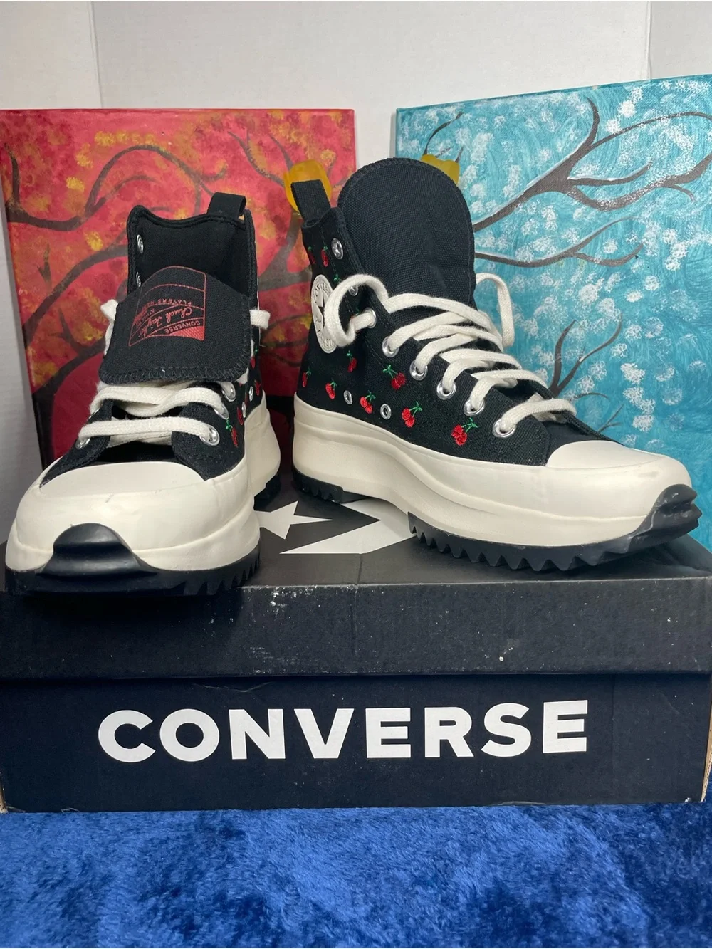 Converse women’s Black High-Top Sneakers size 8.5 with Red Cherry Embroidery.